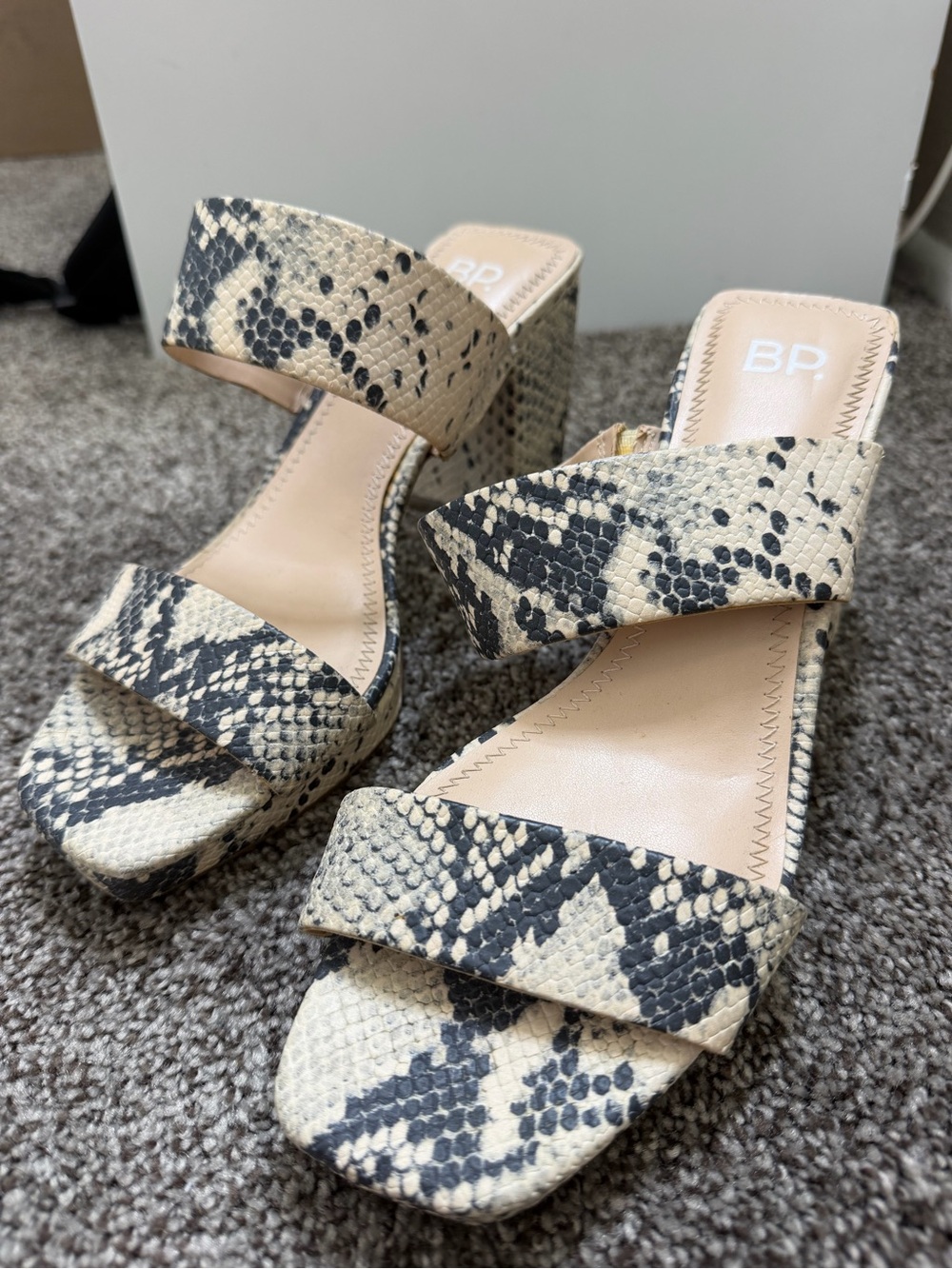 bp Snake-Print Block Heel Slide Sandals in Beige and Black